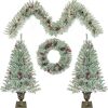 Pre-lit Artificial Christmas 4-Piece Set,Garland, Wreath and Set of 2 Entrance Trees